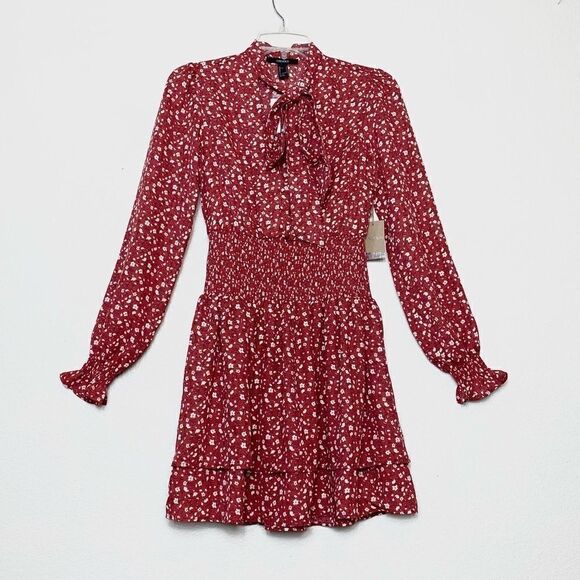 Forever 21 Red & White Floral Long Sleeve Layered Mini Dress - Picture 3 of 7